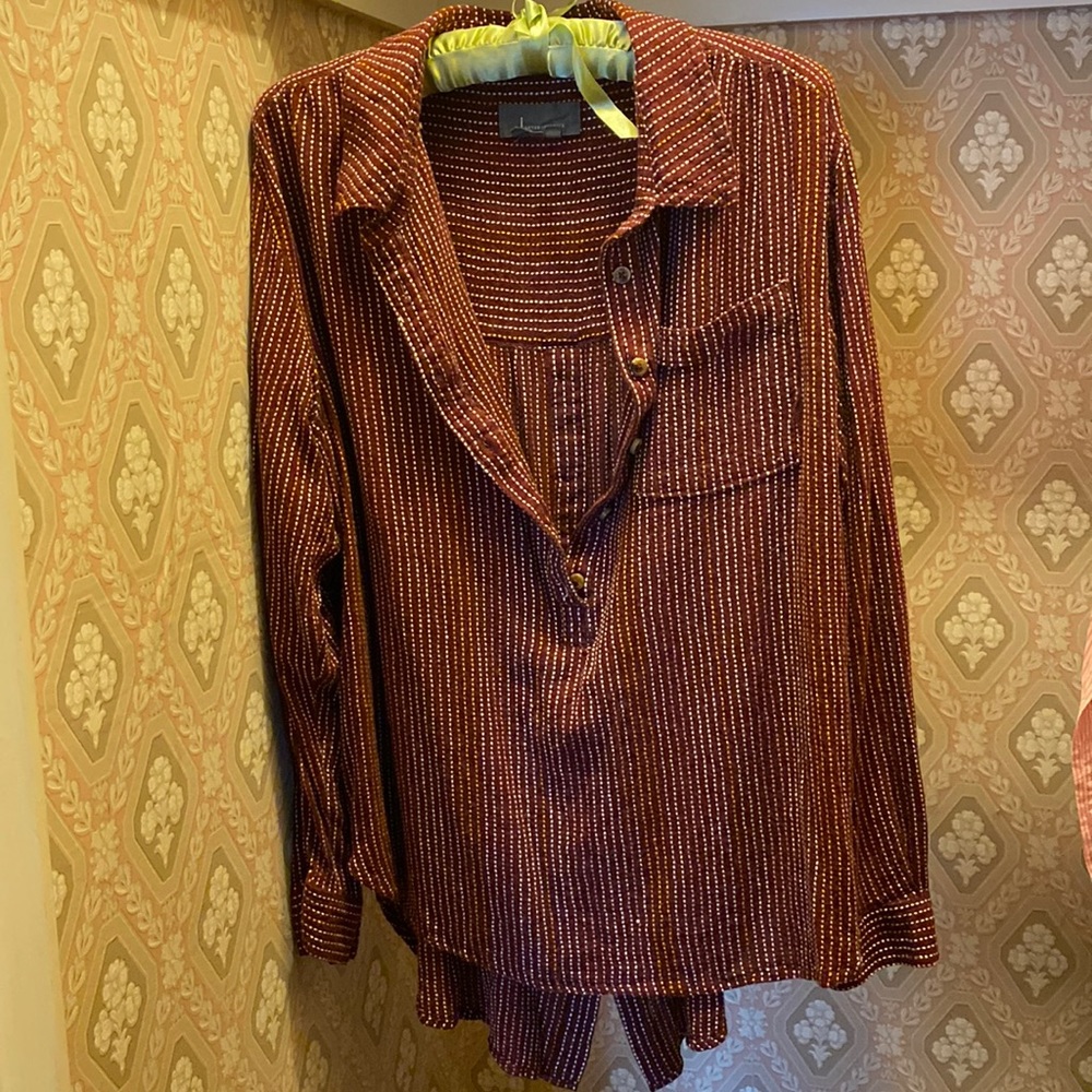 Anthropologie maroon burgundy tunic pullover button front closure front back XL